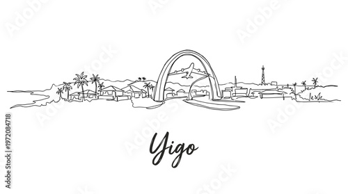 One line art Yigo Guam city skyline with palm trees and arch vector illustration