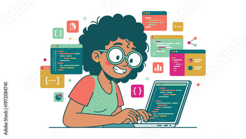 Smiling developer coding on laptop surrounded by software UI, data, and web development elements. Modern tech illustration.