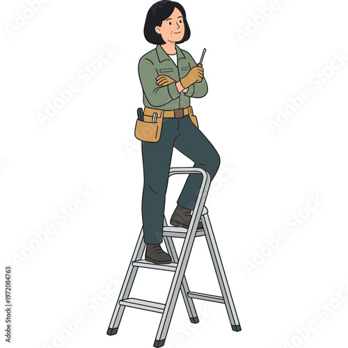 A woman in a green shirt is standing on a ladder with a tool belt.