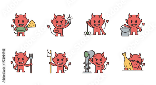 Cute cartoon devil characters various actions.