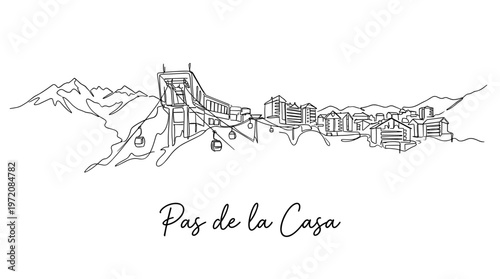 Pas de la Casa Andorra ski resort mountains and cable car continuous line drawing vector illustration