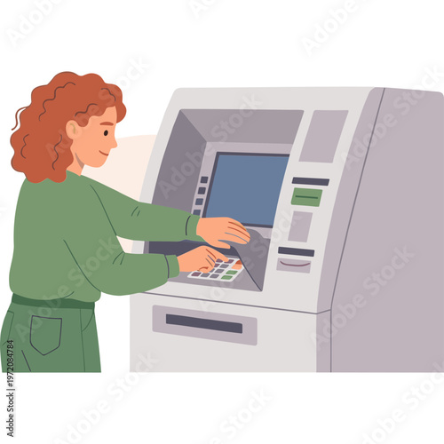 Woman using an ATM machine to withdraw cash indoors.