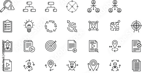 Minimal thin line business strategy workflow targeting and document management icon set with organization process analytics network symbols collection