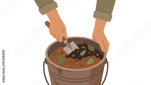 Hands mixing organic compost in bucket with shovel for gardening. Sustainable soil preparation.