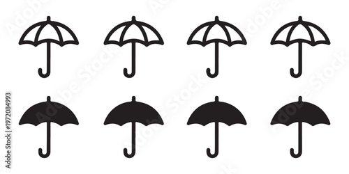 Weather umbrella icons collection showing protection from rain and storm with linear and fill graphic style.