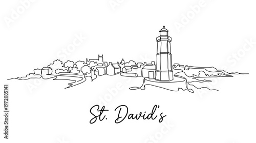St. Davids Pembrokeshire coastal skyline with lighthouse continuous line art vector illustration