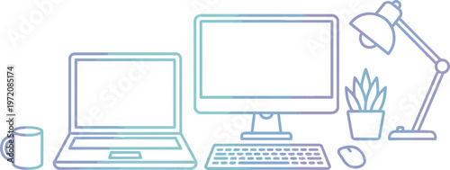 Computer desk with office supplies.