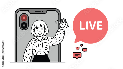 Vlogger Live Streaming on Smartphone Screen Waving, with Social Media Engagement Icons