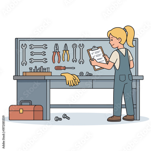 A woman in overalls examines a clipboard in front of a workbench filled with tools and equipment.