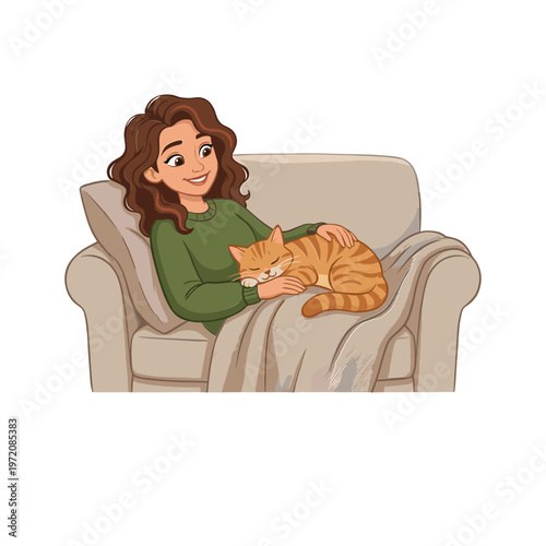 Woman sitting on sofa holding and petting an orange cat affectionately indoors