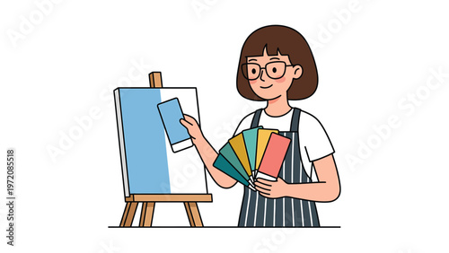 Artist Selecting Paint Colors for Canvas. Creative Woman Choosing Hues with Color Swatches on Easel, Art Project.