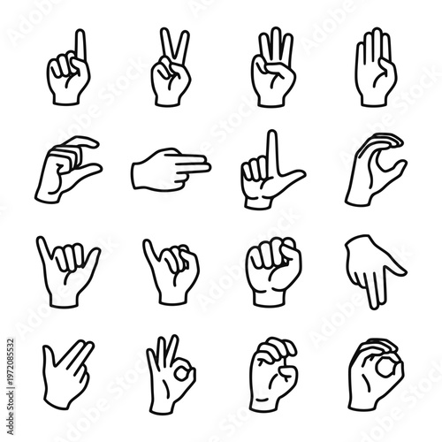 Hand gestures and finger signs with counting numbers, ok symbols, and pointing directions for communication line icon set