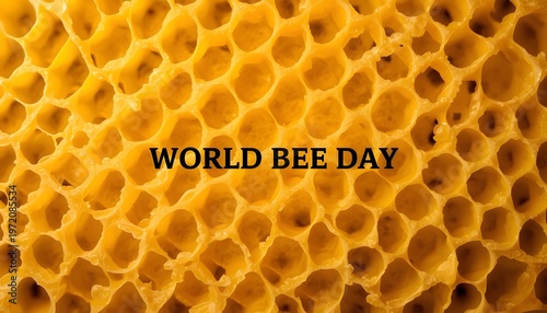 A close-up view of a honeycomb on World Bee Day, highlighting the intricate structure of the hive.