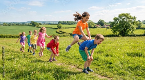 Children playing jumping tag outdoors.