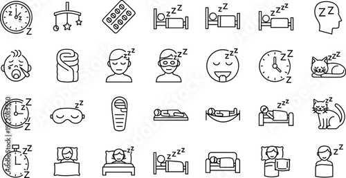 Minimal thin line sleep bedtime and insomnia icon set with sleeping people cat clock mask pillow night routine symbols collection
