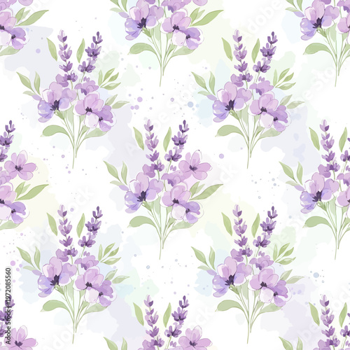 Seamless Watercolor Lavender Floral Pattern with Purple Blossom Bouquets and Soft Splash Background for Relaxation Branding, Textile Design, and Elegant Stationery