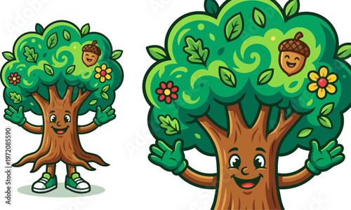 Cartoon tree with smiling face.