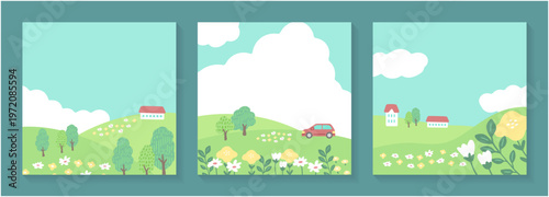 朝の丘と花畑を3つのフレームで見せる手描き風 landscape　家と車と木を配置した連作風のゆるいベクター背景