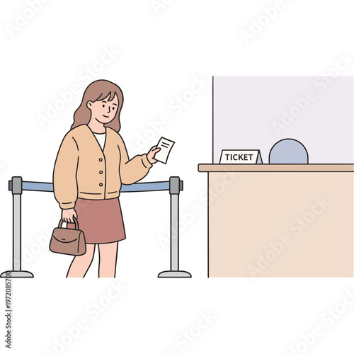 Woman holding ticket stands at airline check-in counter with luggage.