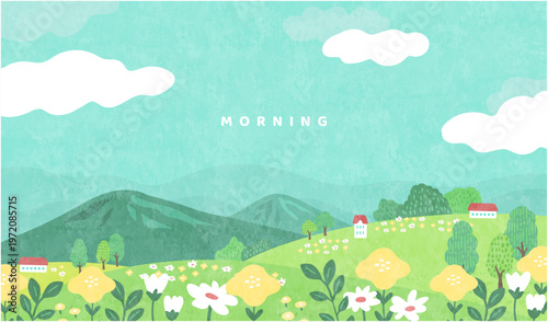やわらかな朝空と白い雲の下に広がる花咲く丘の手描き風 landscape　山と家を遠景に入れた明るいベクター背景