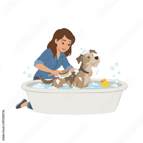 Woman washing dog in a bathtub with soap bubbles and rubber duck.