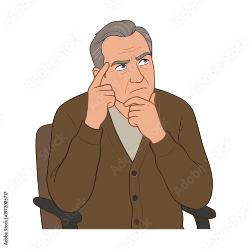 An elderly man sitting in a chair with a thoughtful expression on his face.