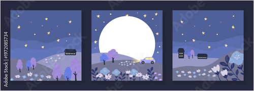 月夜の丘と星空を3枚構成で描いた手描き風 landscape　家と車の灯りが映える夜景のゆるいベクター背景