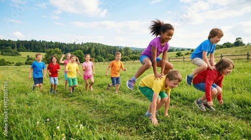 Children playing outside in green field.