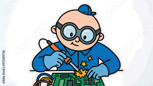 Cartoon Electronics Technician Soldering Circuit Board with Safety Goggles