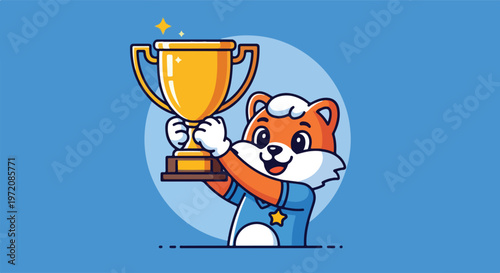 Cartoon Tiger Holding Gold Trophy.