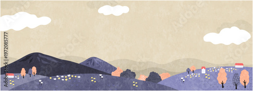くすみベージュの空と紫の丘が広がる静かな手描き風 landscape　小さな家と木々を点在させた横長ベクター背景