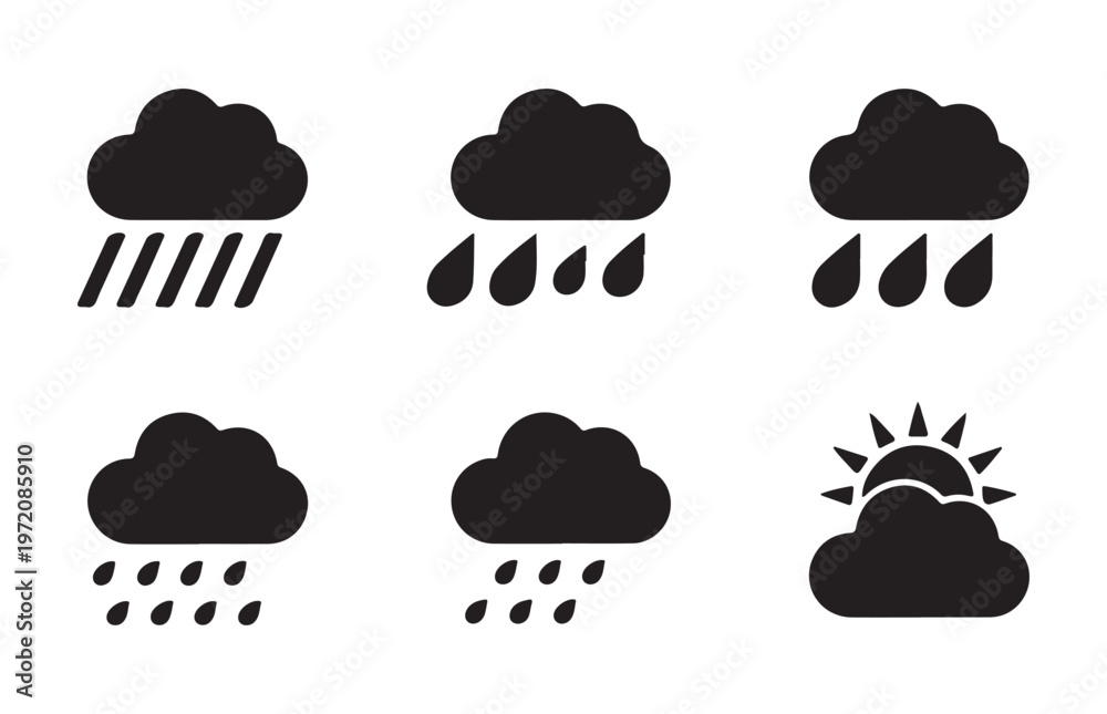 Obraz premium Comprehensive weather icon set displaying various rainfall intensities and sunny intervals behind cloud.