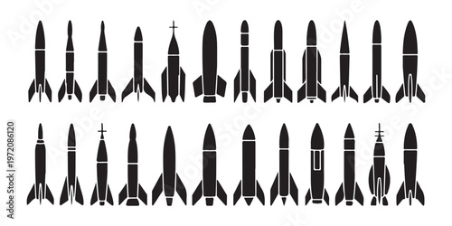 Large collection of black rocket icons showing various missile and spacecraft designs on a white background.