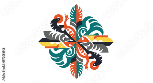 Abstract Geometric Pattern with Tribal Animal Motifs and Feather Elements