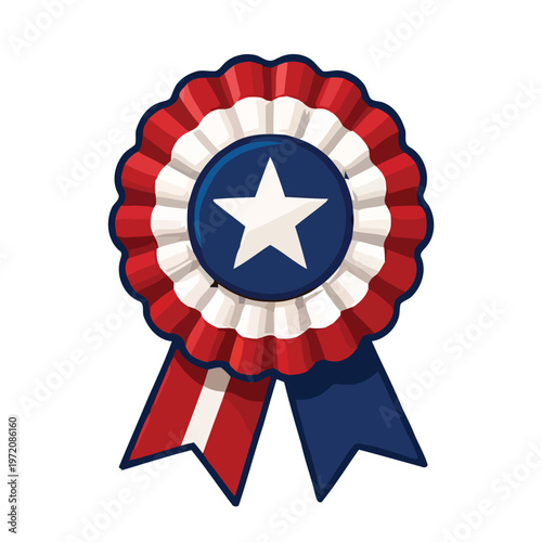 Patriotic red white and blue award rosette ribbon icon with a central white star on a blue circle, featuring ruffled fabric layers and hanging ribbons for Independence Day themes.