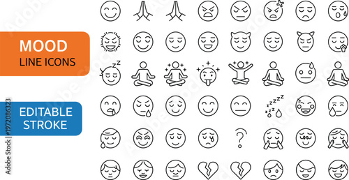 Mood emotion line icon set featuring facial expressions meditation feelings psychology mental health symbols outline vector collection editable stroke