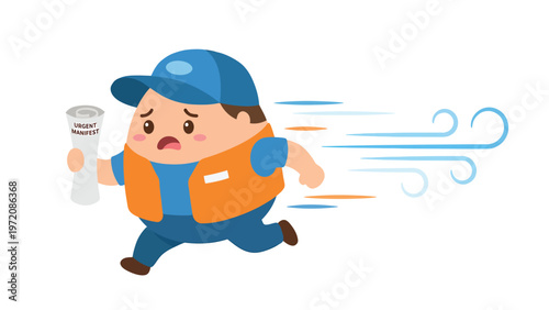 Chubby delivery worker running fast with a package. Express shipping service, urgent delivery and deadline pressure concept illustration.
