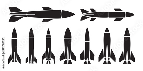 Set of black missile and rocket icons with various designs on a white background, isolated vector elements.