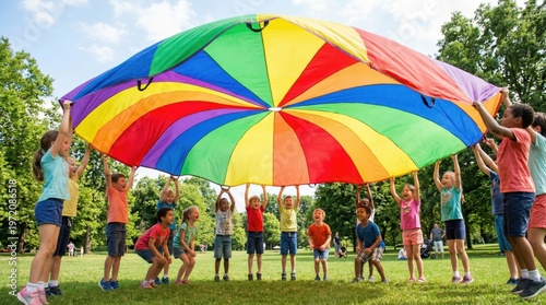 Children playing with colorful parachute outdoors 3.