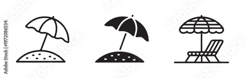 Beach umbrella and sun lounger icons showing vacation and relaxation on sunny seaside holidays and summer vacation.