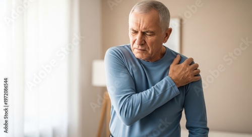 An elderly man holding his shoulder in pain.
