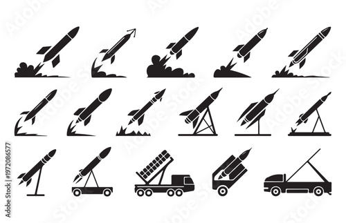 Set of black and white vector illustrations depicting various launching rockets with smoke trails on isolated background.