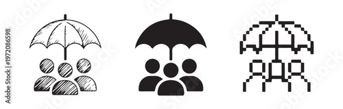Icons of people under umbrella symbolizing protection safety and security for group covering and insurance concept.