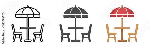 Outdoor cafe table and chairs under sun umbrella set in line silhouette and flat colorful vector art styles.
