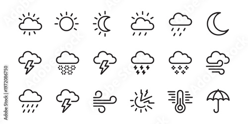 Collection of weather icons representing sun cloud rain snow lightning wind and thermometer symbols for forecast services.