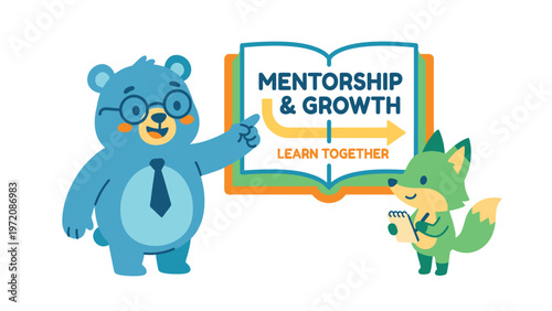 Cartoon bear mentoring fox with 'Mentorship & Growth' book, symbolizing learning, development, education, and teamwork.