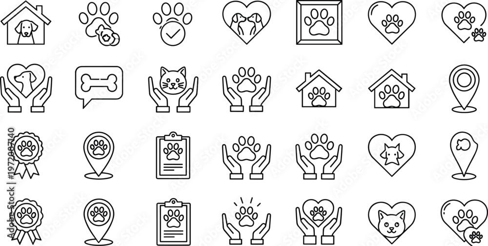 Fototapeta premium Pet care editable stroke outline icon set featuring paw prints veterinary grooming adoption protection animal love vector symbol collection