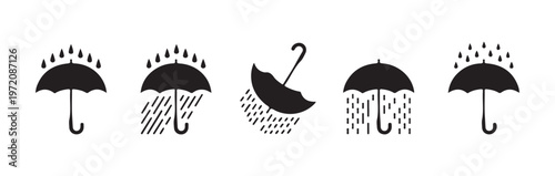 Rain and umbrella icon set, illustrating different forms of precipitation with protective gear vector.