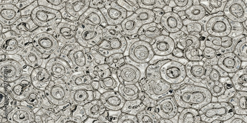 A seamless, abstract pattern resembling transparent gelatinous cells or fluid droplets with a glossy, reflective, and textured surface.