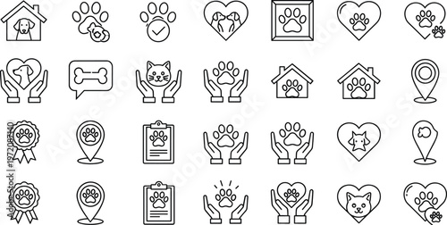 Pet care editable stroke outline icon set featuring paw prints veterinary grooming adoption protection animal love vector symbol collection